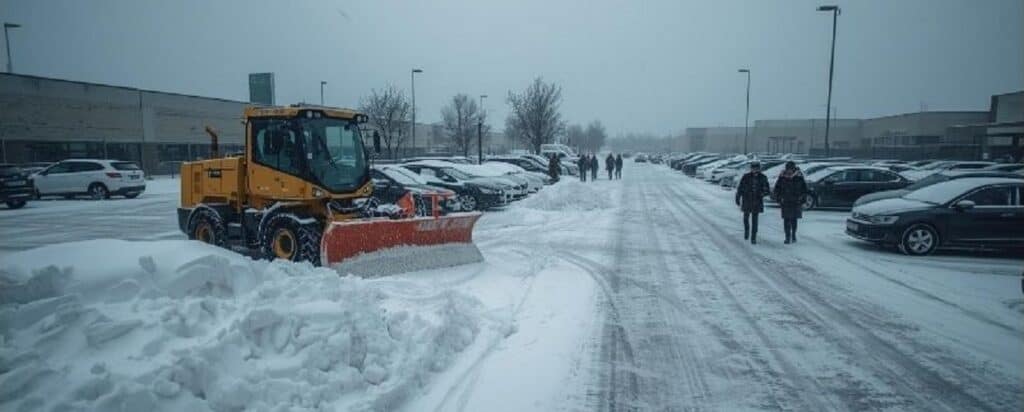 Schneepflug räumt Parkplatz im Winter.