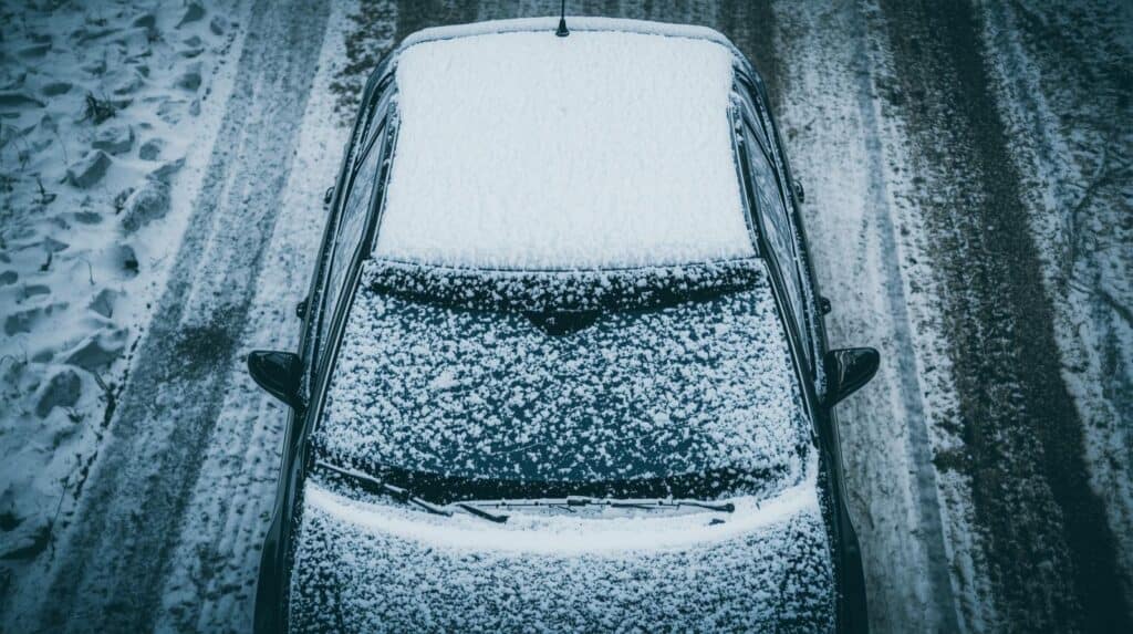 Auto mit Schnee bedeckt, von oben gesehen, KI-generiert