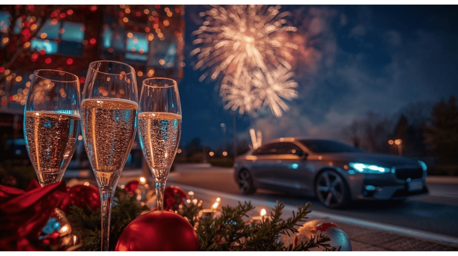 Feier mit Sekt und Feuerwerk in der Nacht