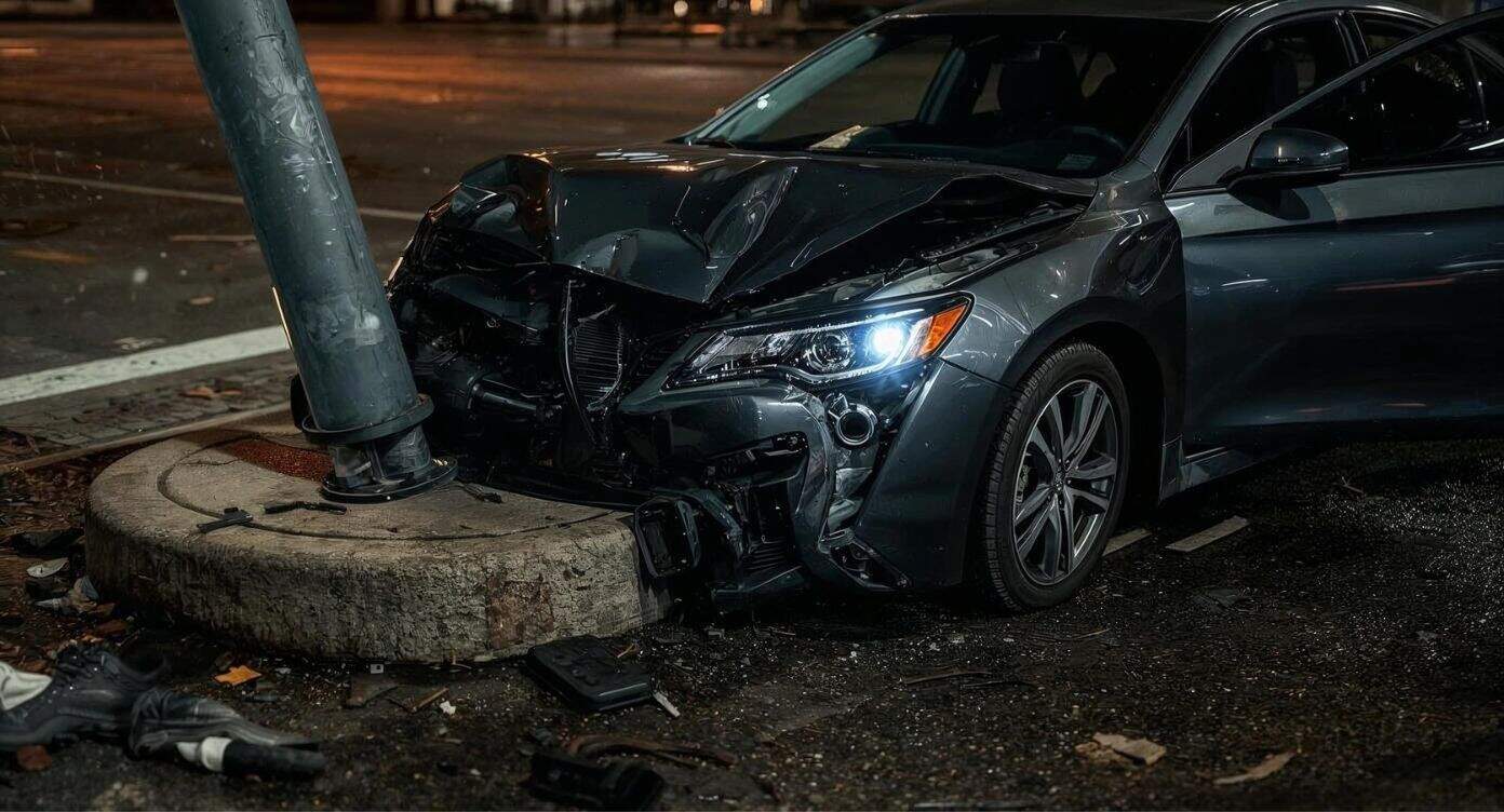 Nächtlicher Autounfall mit Laternenpfahl nachts