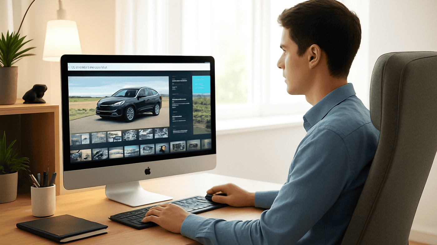 Mann betrachtet Auto auf Computerbildschirm.