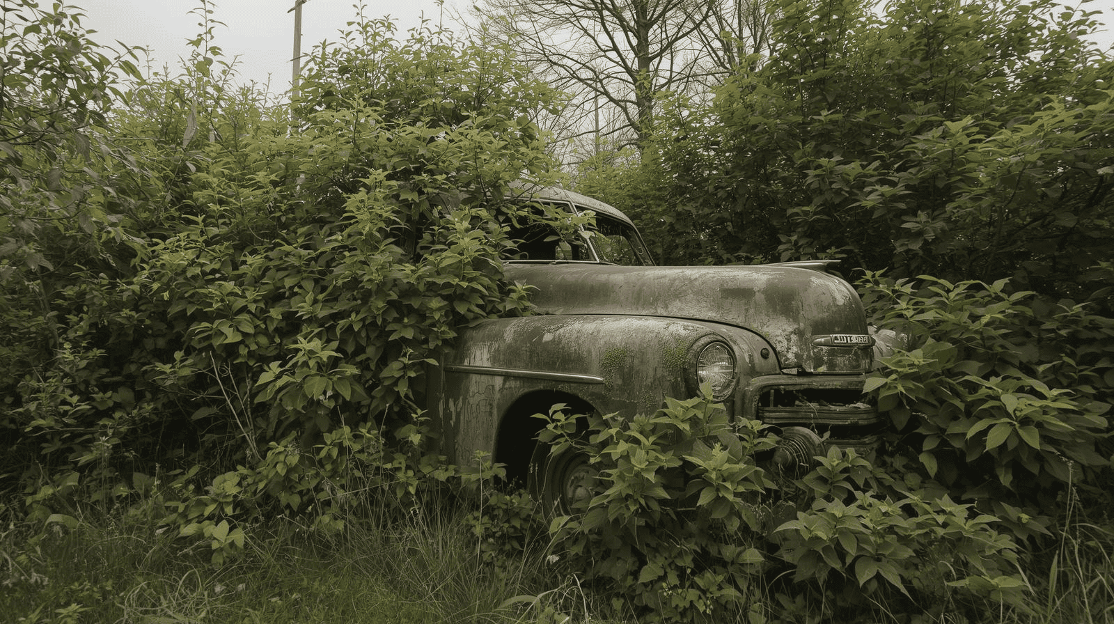 Überwuchertes altes Auto im Grünen