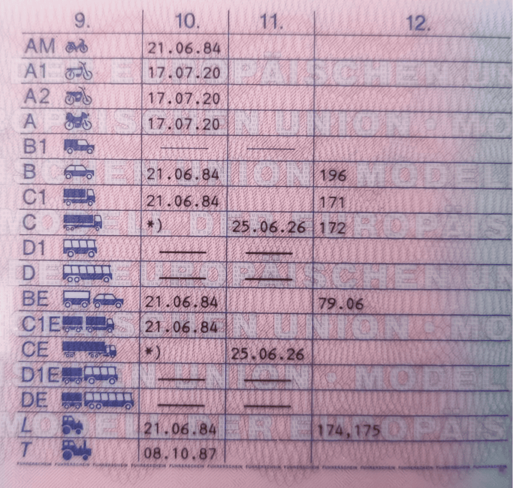 Führerschein mit verschiedenen Fahrzeugklassen und Gültigkeitsdaten.