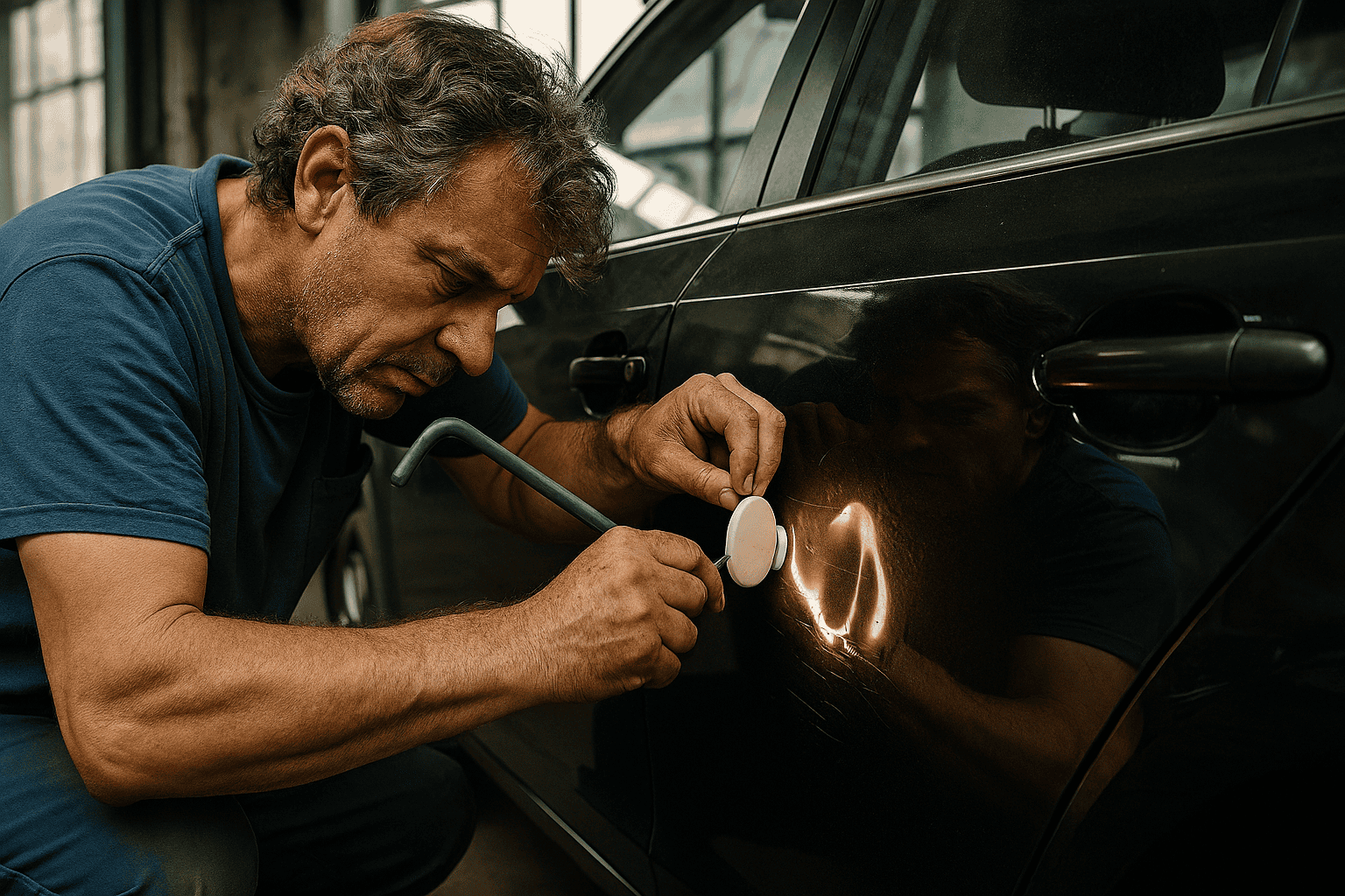 Mann repariert Delle im Auto