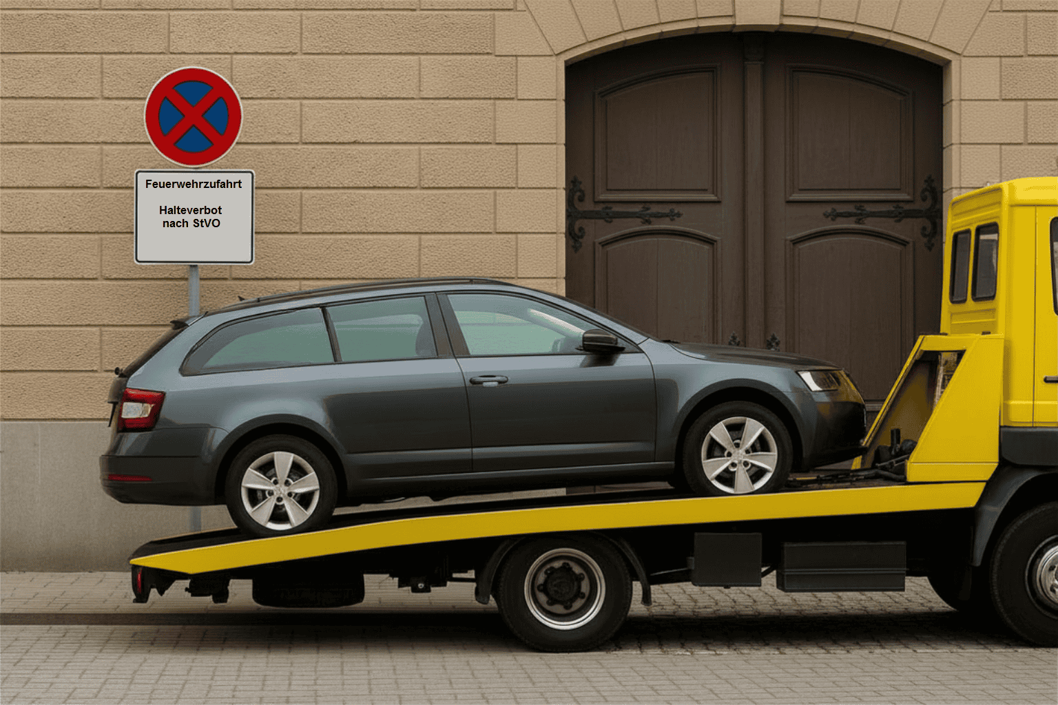 Falsch geparktes Auto wird abgeschleppt.