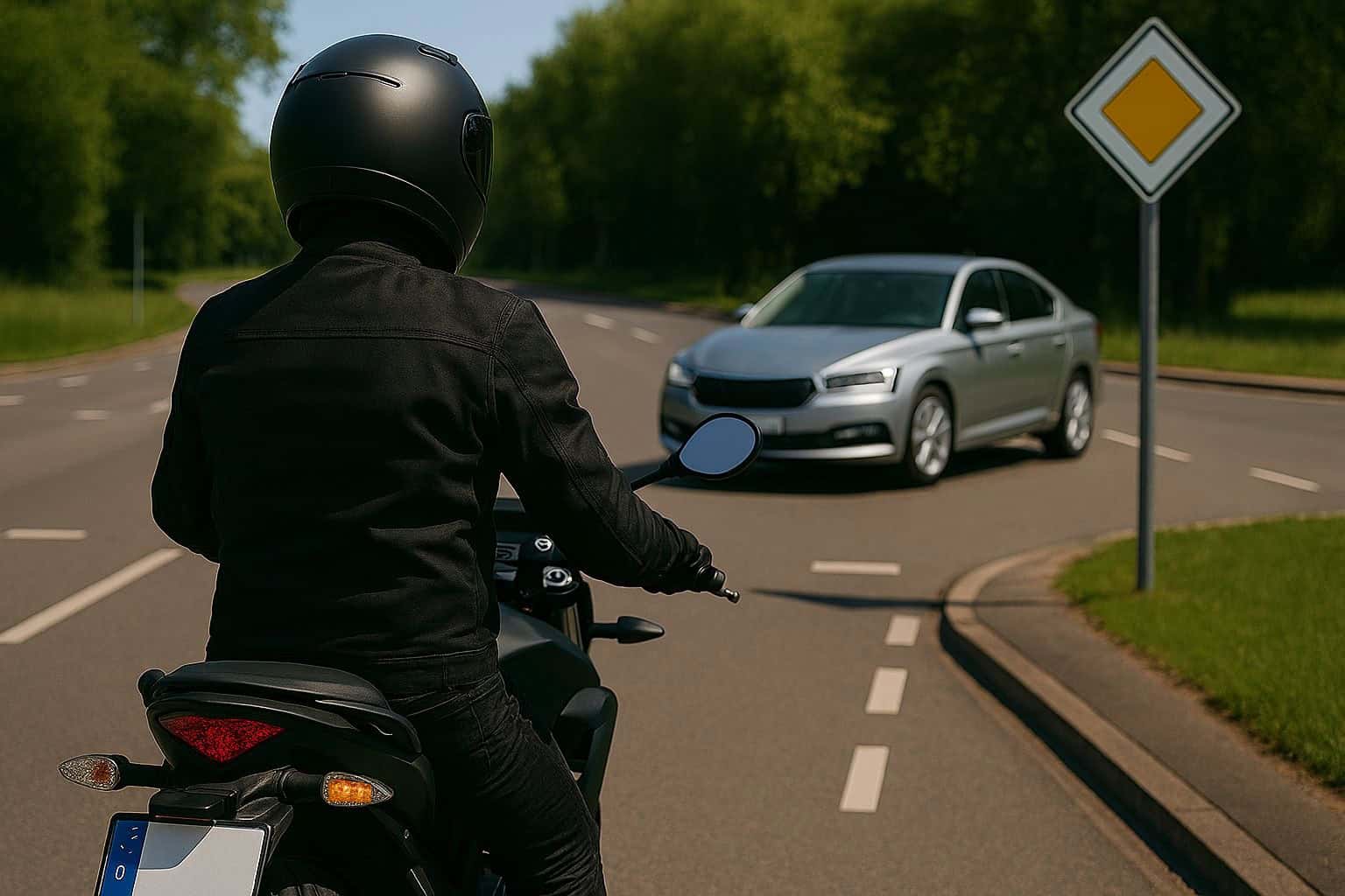 Motorradfahrer an Kreuzung mit Vorfahrtsschild