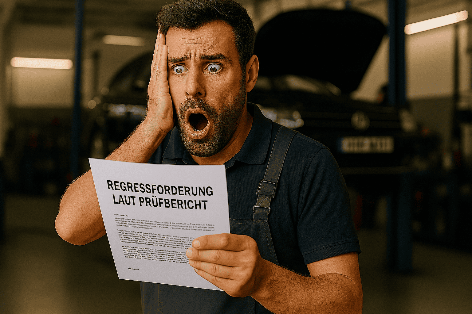 Erschrockener Mechaniker liest Regressforderung in Werkstatt
