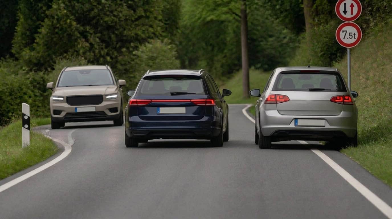 Drei Autos auf schmaler Landstraße
