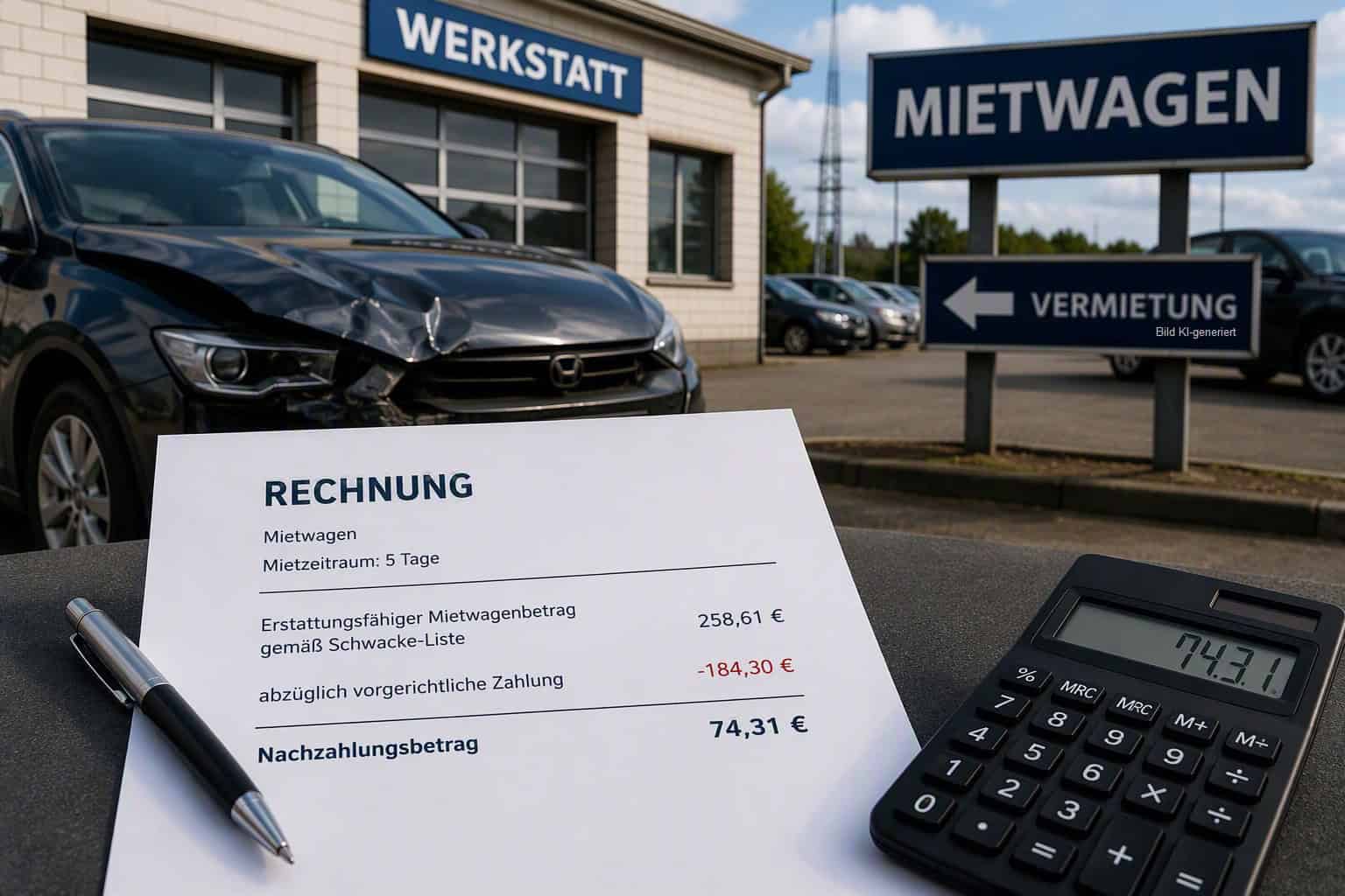 Beschädigter PKW mit Rechnung und Nachzahlungsbetrag
