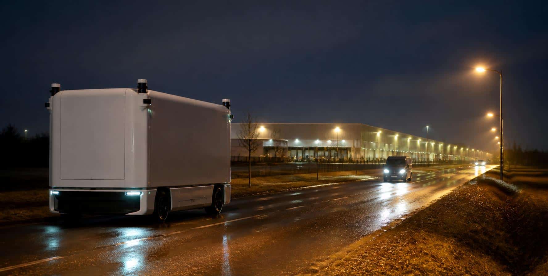 Autonomer Lieferwagen nachts auf nasser Straße vor Lagerhalle